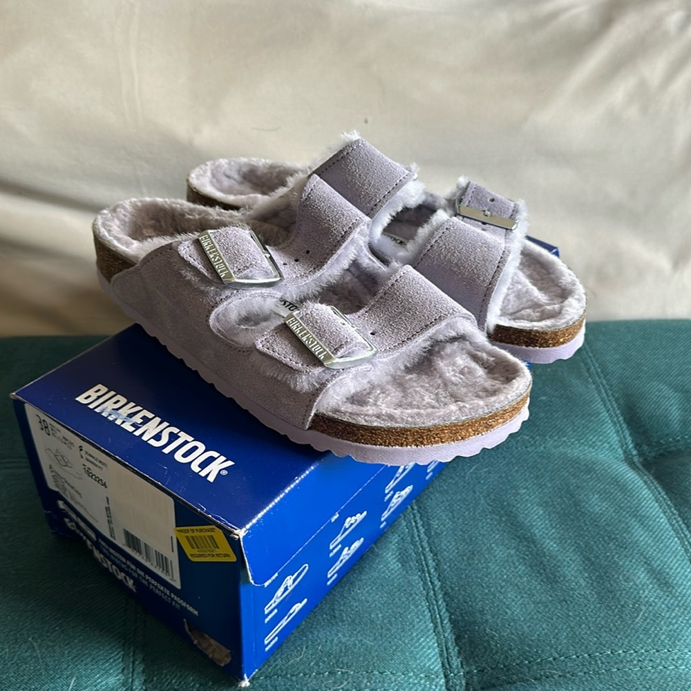 Arizona Shearling Purple Fog Birkenstocks 38